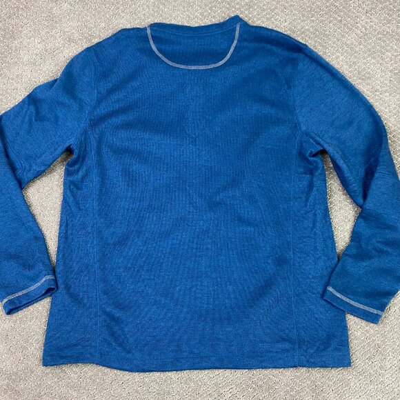 LL Bean Henley Shirt Mens Medium Blue Base Layer Elbow Patch Hiking Outdoor Wool - Picture 7 of 11